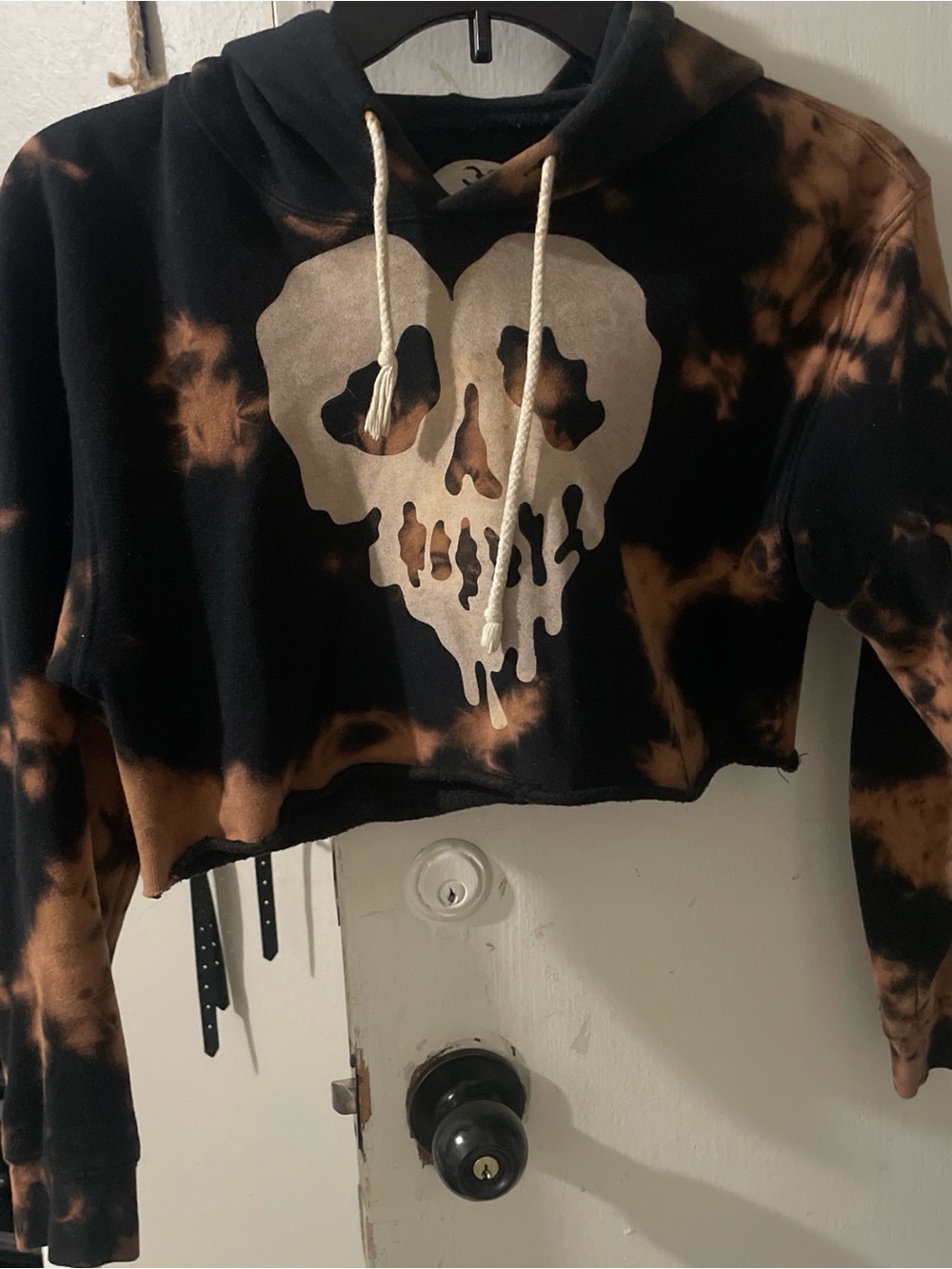 Drop Dead Tie-Dye Black & Brown Cropped Hoodie with Skull Graphic